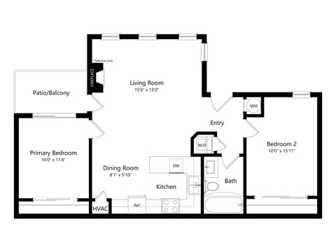 Floor plan for 2 beds, 1 bath, 825 sqft
